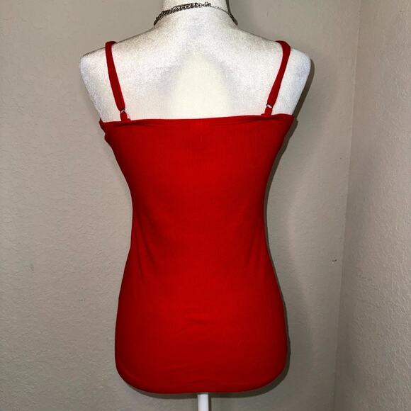 Bongo Y2K Cami Tank Top Women Large Red Cotton Ribbed Lace Neck Spaghetti Strap - Picture 3 of 8